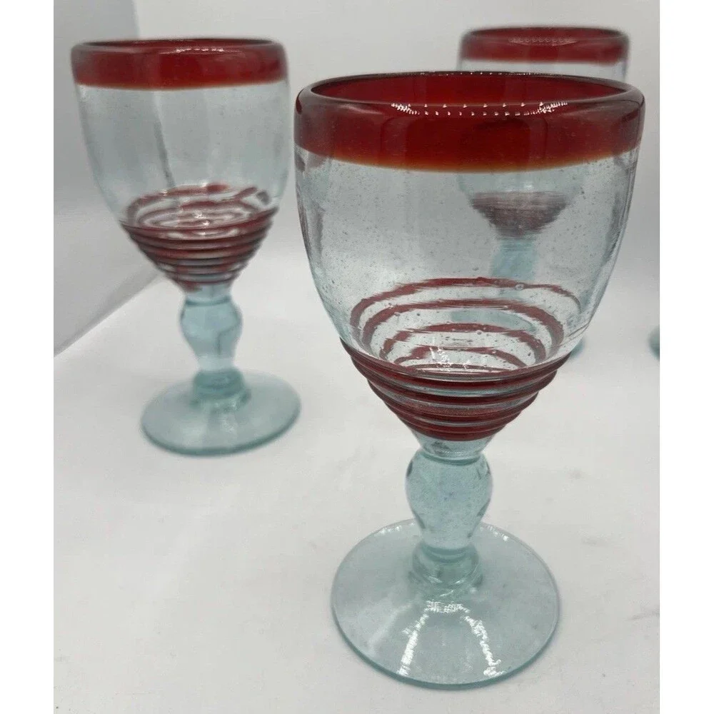 Mexican Hand Blown Art Glass Wine Goblets Set of 5 Red Rim Aqua Stem Swirl